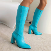 Schicke kniehohe Stiefel mit spitzer Spitze und klobigem Absatz in Kroko-Optik - Türkis